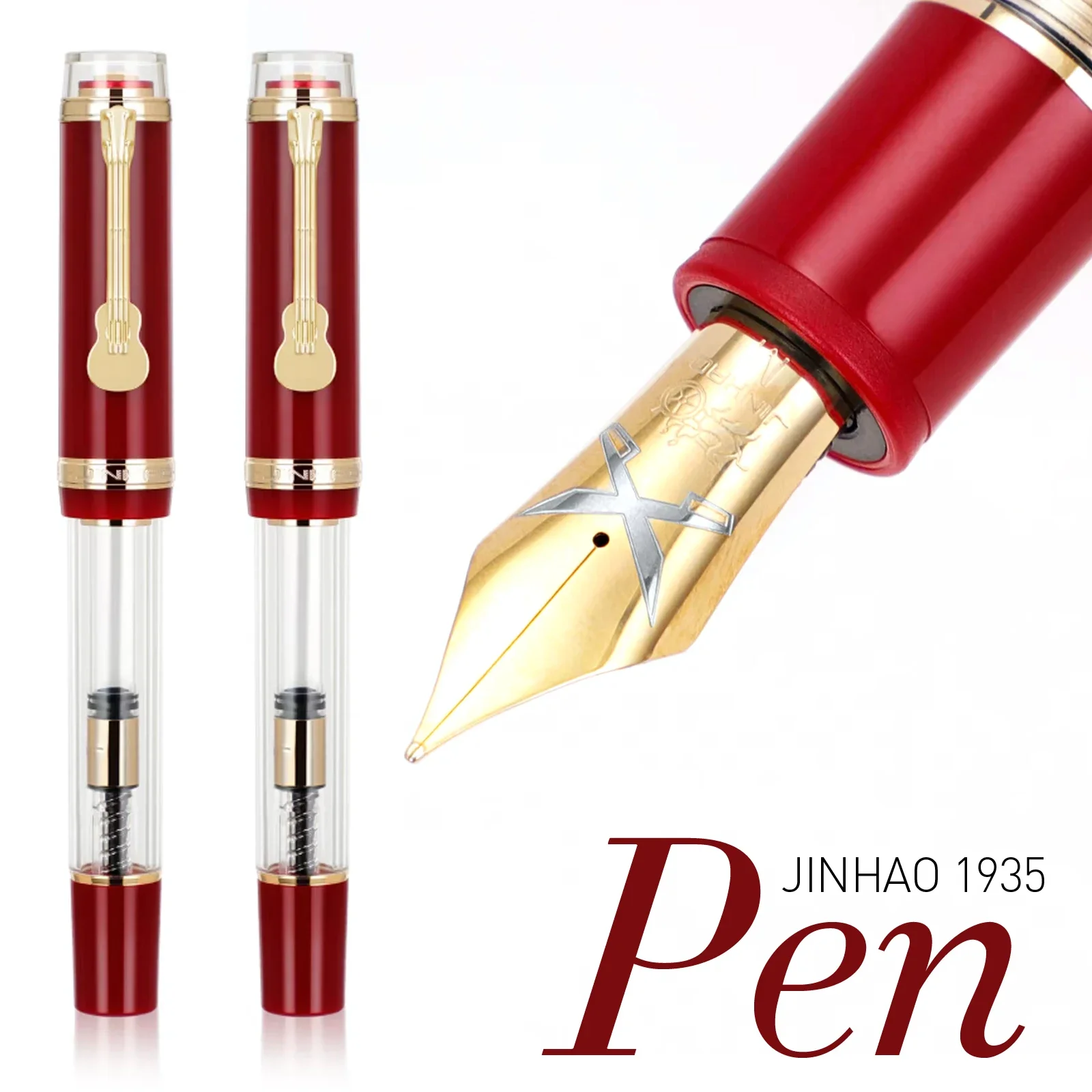 JINHAO 1935 TIANDAO 만년필, 고급 기타 클립, F/M 펜촉, 투명 빨간색 쓰기 잉크 펜, 사무실 학교 용품 문구