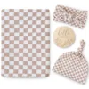 4pcs/set Baby Blankets Newborn Checker Pattern 2 Layers Bamboo Cotton Baby Muslin Swaddle Blanket Wrap Headband Beanie Set 1