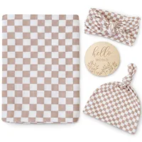 4pcs/set Baby Blankets Newborn Checker Pattern 2 Layers Bamboo Cotton Baby Muslin Swaddle Blanket Wrap Headband Beanie Set 1