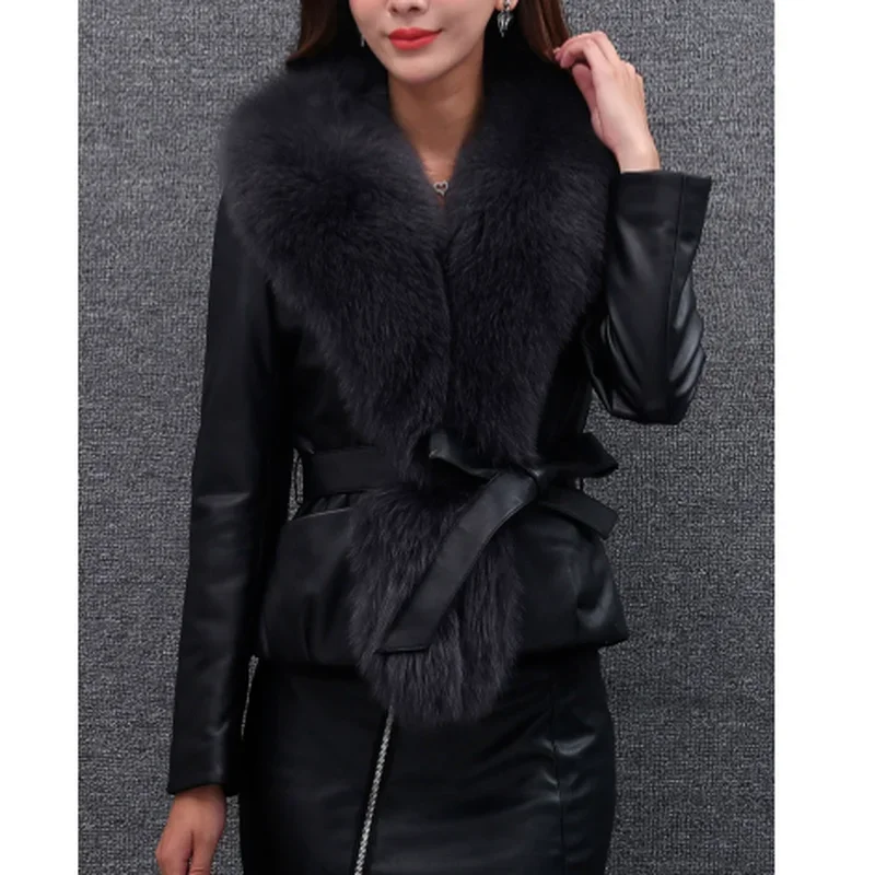 Autumn and Winter Pu Faux Fur Collar Stitching Women's Fashion Solid Color Jacket Ladies Elegant Lace-up Jacket Women Ladies black faux leather cropped jacket women autumn vintage elegant coats ladies pu harajuku punk style thin fashion overcoat winter