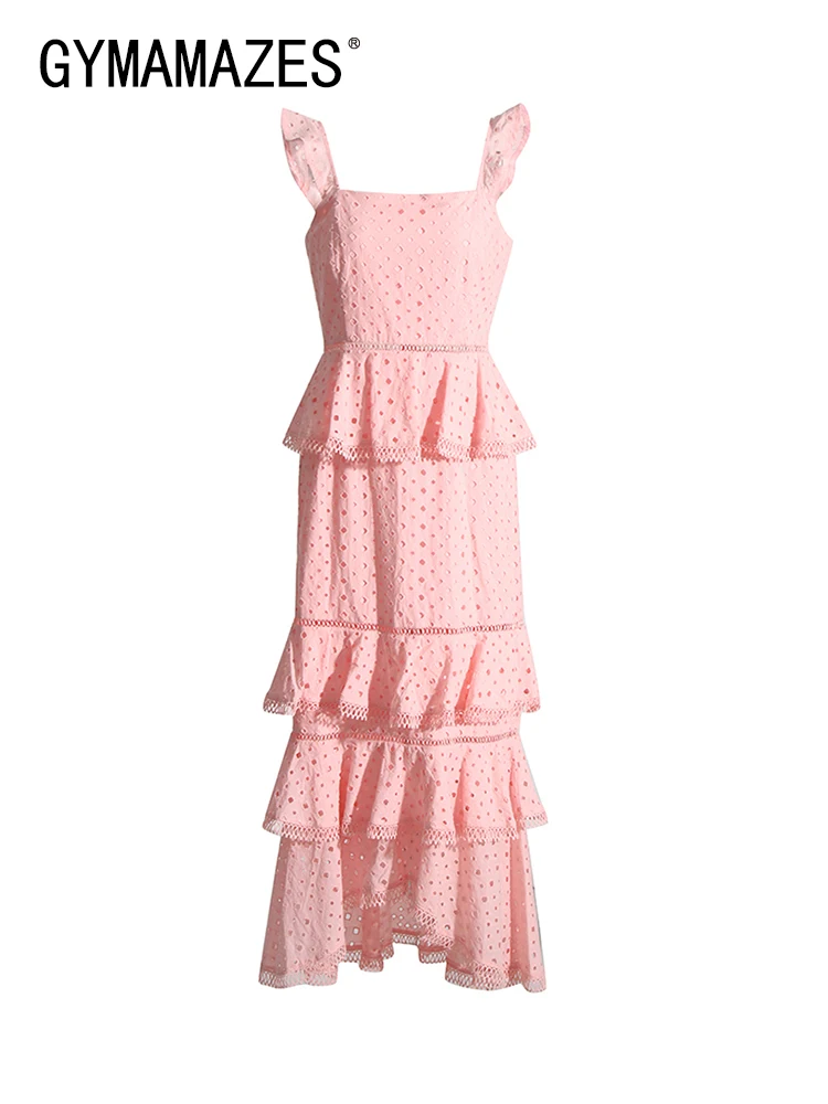 

GYMAMAZES Folds Summer Dresses For Women Square Collar Sleeveless High Waist Elegant Solid Dress Female Fashion Style Clothing