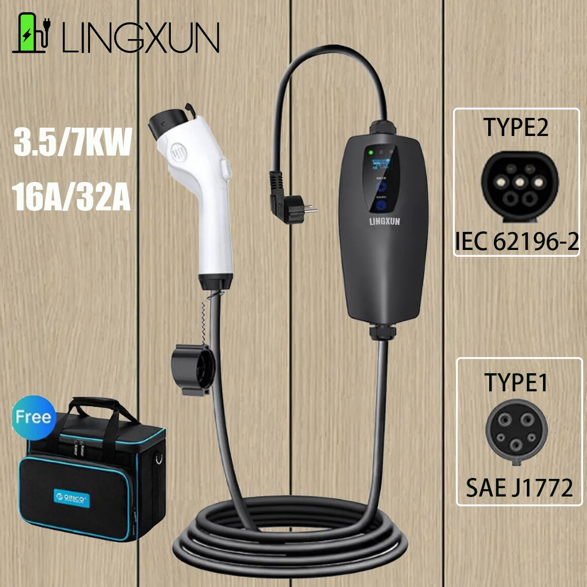 LINGXUN 휴대용 EV 충전기, EVSE 충전 케이블, 타입 1 SAE J1772 EU 플러그 컨트롤러, 전기용 월박스, 타입 2, IEC62196-2, 16A