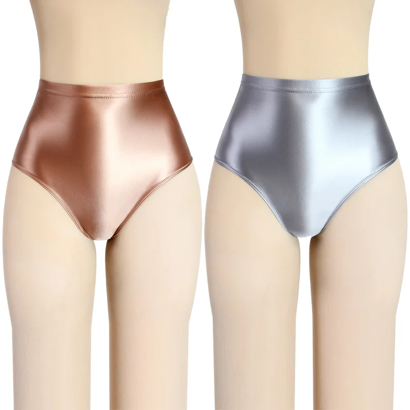 

Sexy Women gloss Briefs Bikini Bottoms with Buttocks Silky MEN underwear high-waisted smooth Tights pants Oily swimming trunks