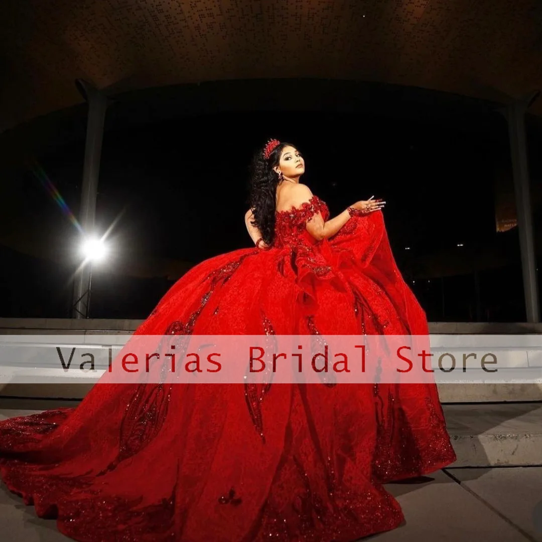 

Sparkly Red Quinceanera Dress Ball Gowns For Sweet 16 Girls Off The Shoulder Appliques Lace-Up Tulle Birthday Prom Dresses