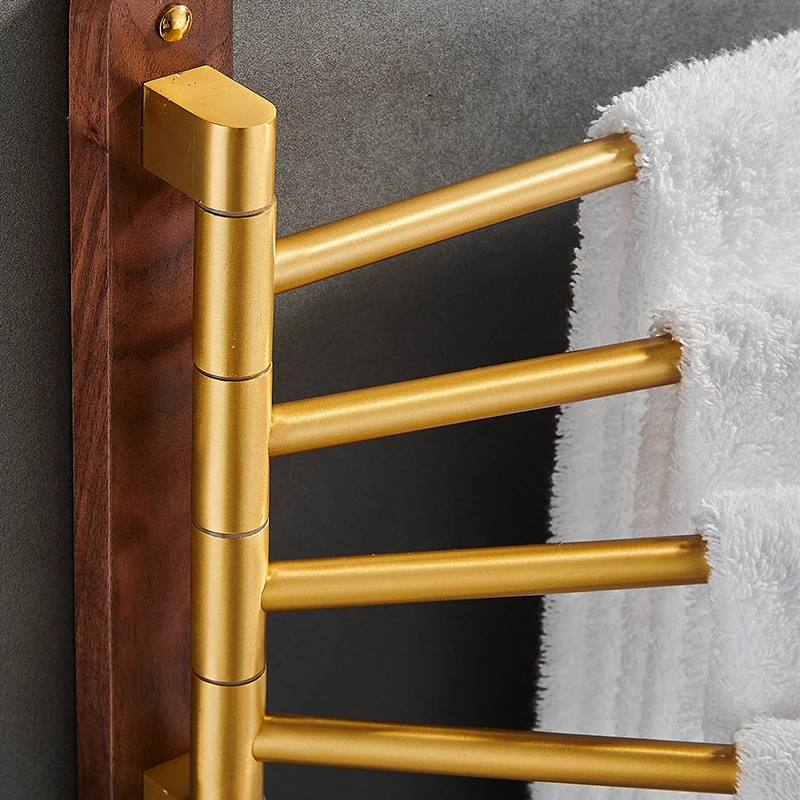 Innovative Wood Rotary Towel Hanger Waterproof Brushed Gold Towel Bar Wall Mounted Folding Bathroom Holder Clothes Hanger