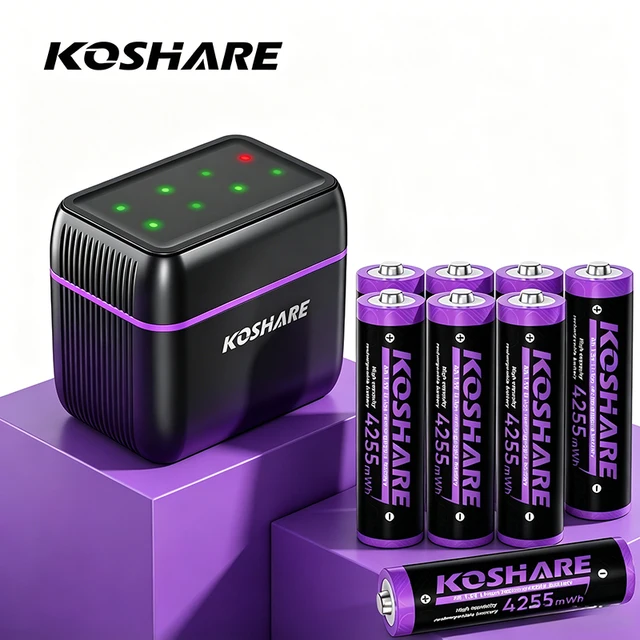 KOSHARE 8 Bay 1.5V AA Li-ion Rechargeable Batteries  4255 mWh Charger Sets With LED Lithium Battery Smart Charging Compartment 1