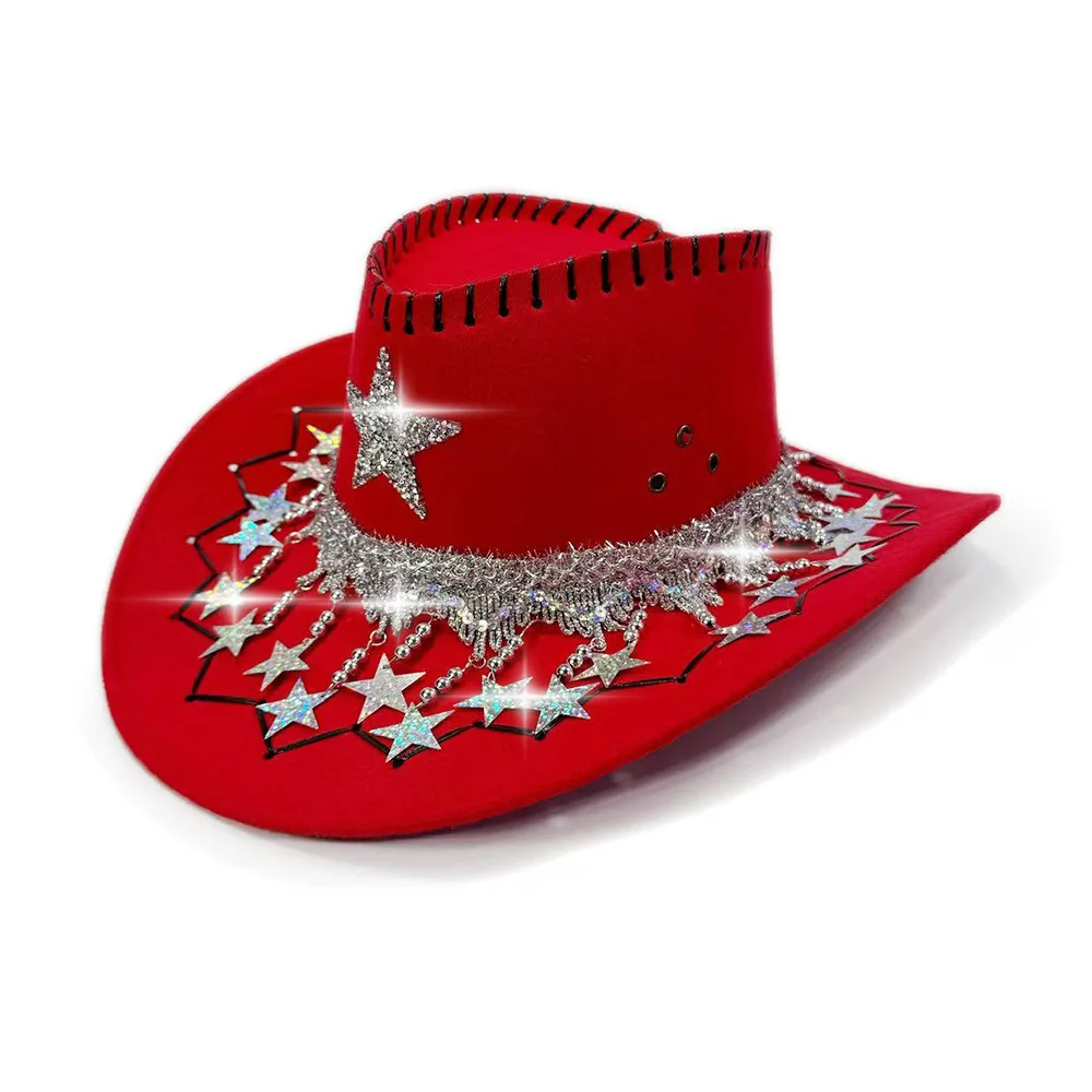 Red Suede Hat Sparkling Sequin Star Hat Western Cowboy Hat Western For Christmas Parties Birthday Celebrations Western Themed
