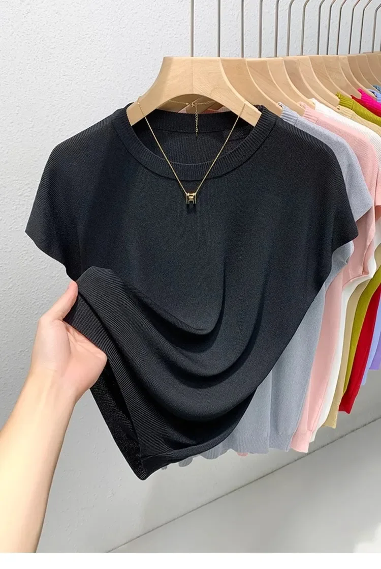 Neue Oansatz Kragen T-shirt Koreanische Eis Seide Stricken Kurzen ärmeln Slim-fit Elastische Feste Innere Bodenbildung Shirt Sexy große Brust T-shirt – Detail 11