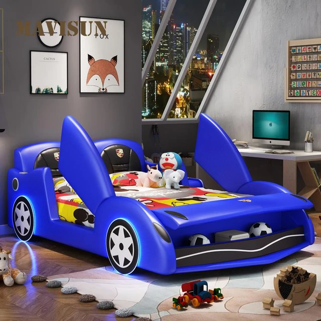 Característica-cama para niños con barandilla, coche deportivo, cama de  coche de dibujos animados, 1,5 m, cama de cuero con almacenamiento y puerta  - AliExpress