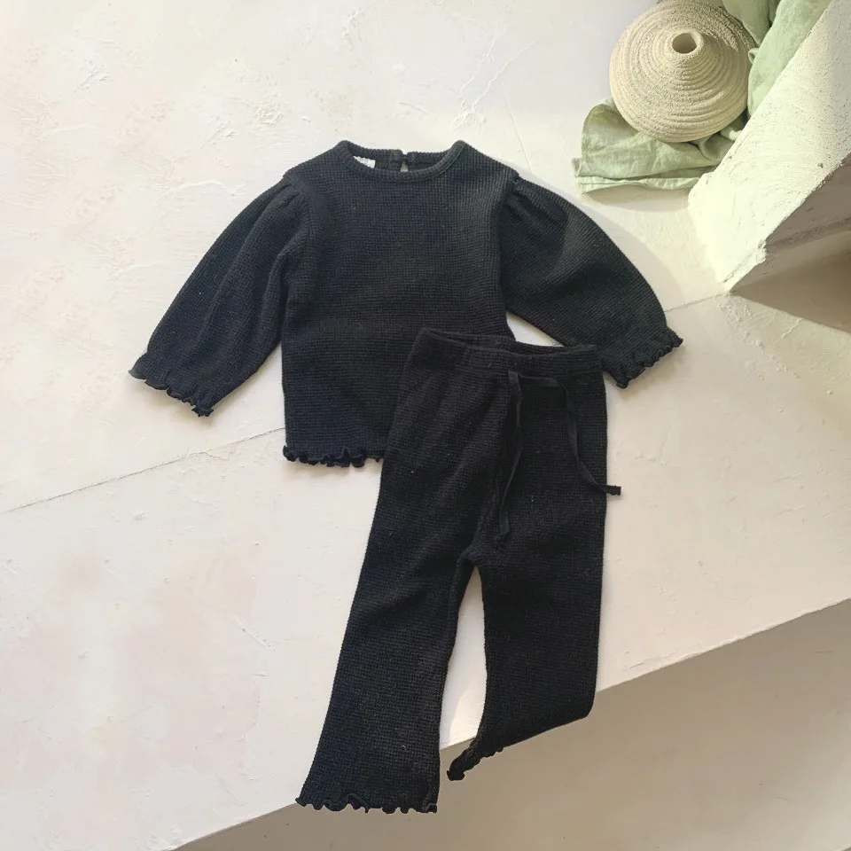 6914 Baby Clothing Set Autumn 2023 Korea Waffle Girl's Suit Long-sleeved T-shirt+ Wavy Hemmed Bell Bottoms Two Piece Suit 6