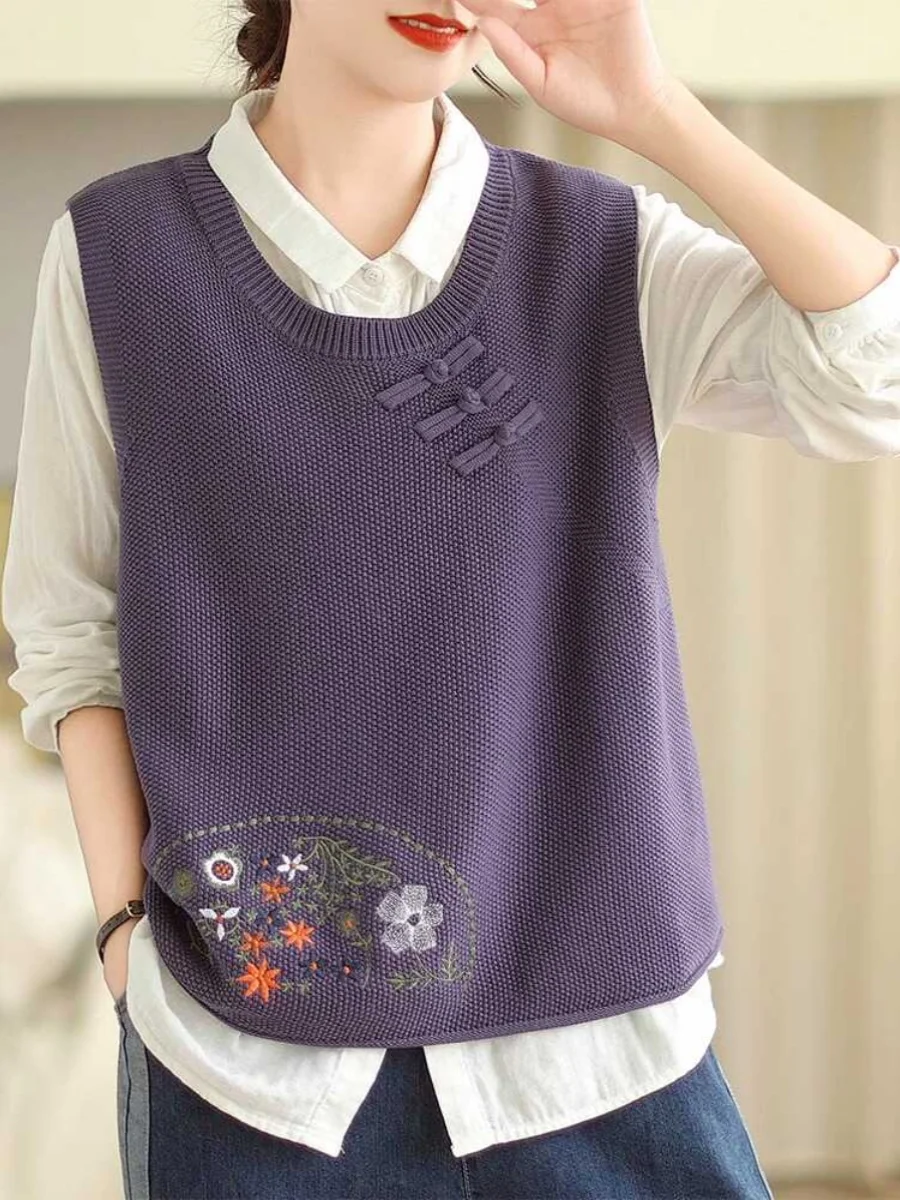 Women's Knitted Vest 2025 Spring Autumn Loose round Ne Retro Artistic oulder Open Outerwear Top Comfortable Commute Sle
