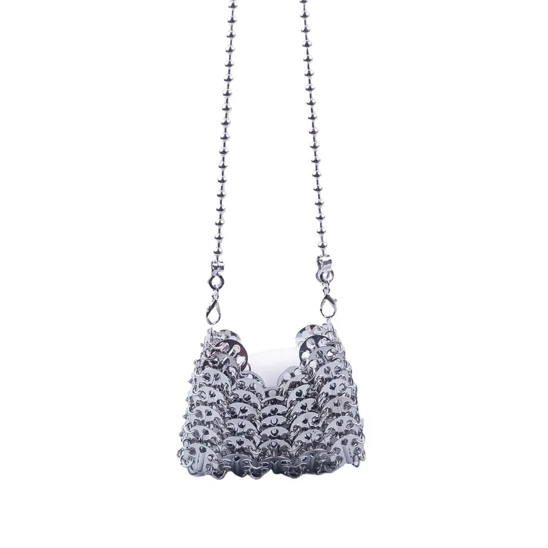Fashion Hand Woven Mini Metal Sequins Chain Crossbody Bag Gold Silver Shiny Hollow Out Evening Bag Small Lipstick Clutch Bag