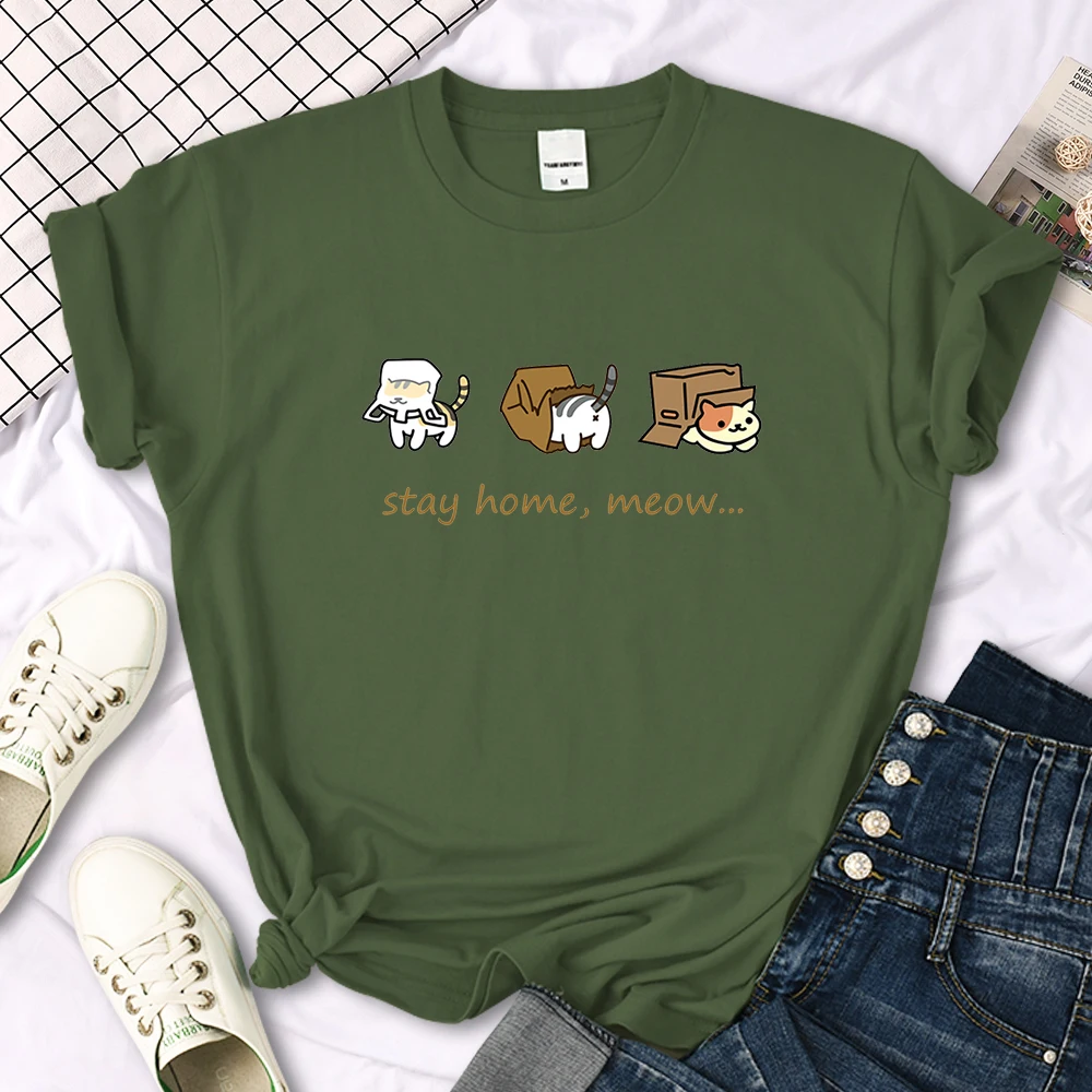 Kawaii Three Mini Cat Animal Stay Home Meow Print Women Tshirts Oversize Tops o-Neck Tee Shirt Casual Style Female Tee Shirts