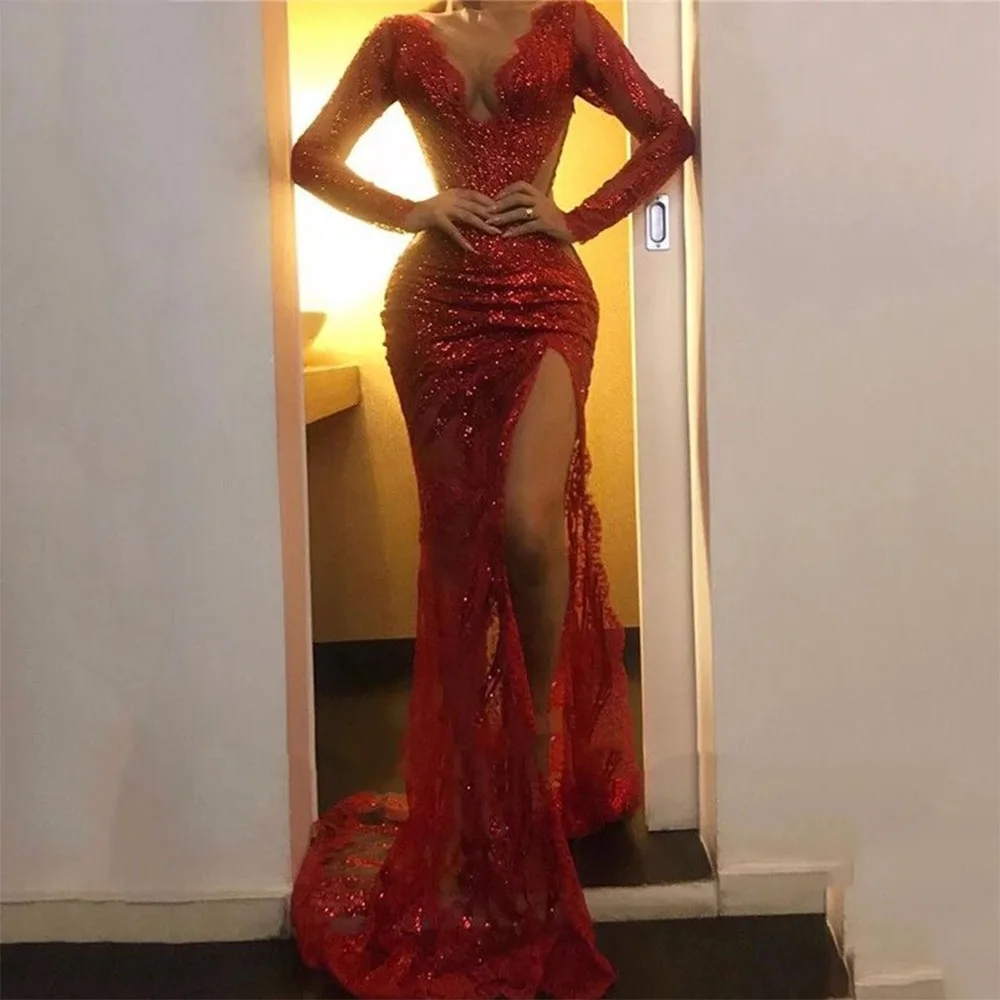 

Luxury Mermaid Prom Dress 2023 Sequined Long Sleeve Sweetheart Illusion Tulle Red Side Slit Sexy Evening Gowns Women CL-345