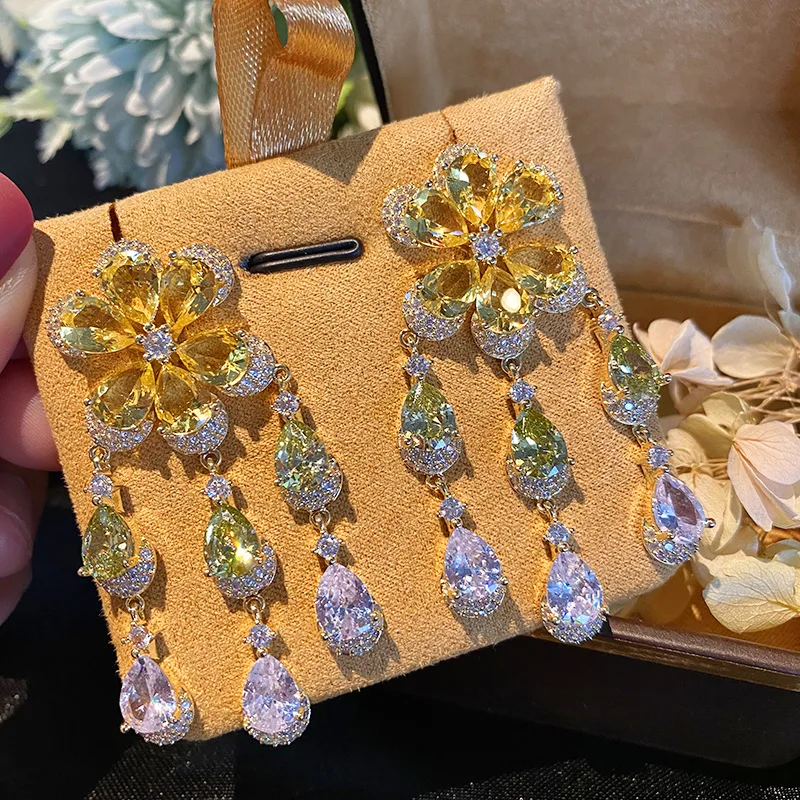 Bilincolor Gradient Colored Zircon Exquisite Flower Tassel Earrings for Women