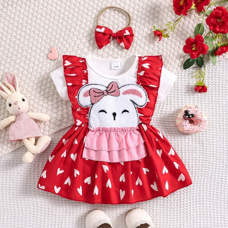 

Платье для маленьких девочек, комплект из 2 предметов, комбинезон с коротким рукавом и принтом в виде сердца и кролика в стиле пэчворк, комплект с милой повязкой на голову, летняя одежда