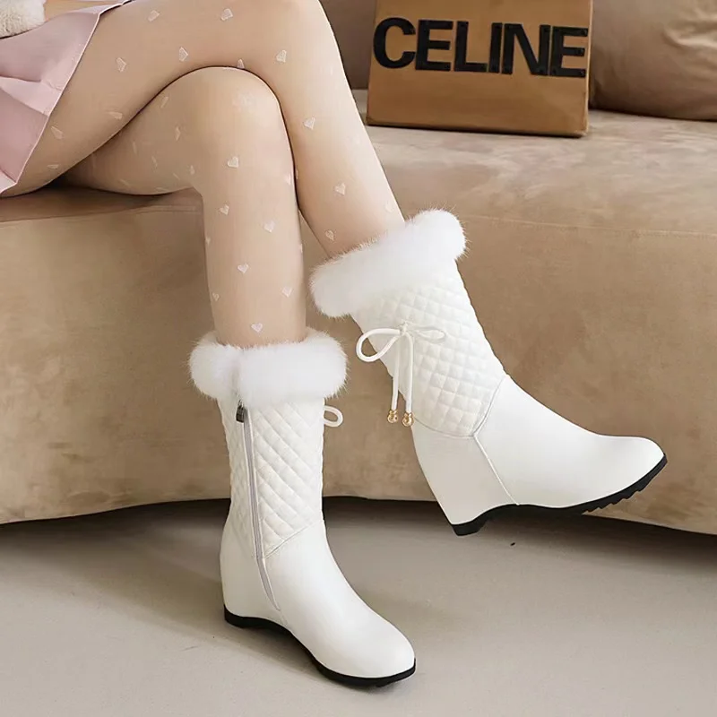 

women's shoes plush thick cotton boots for women winter new women slope high heels snow boots mid calf waterproof non slip black