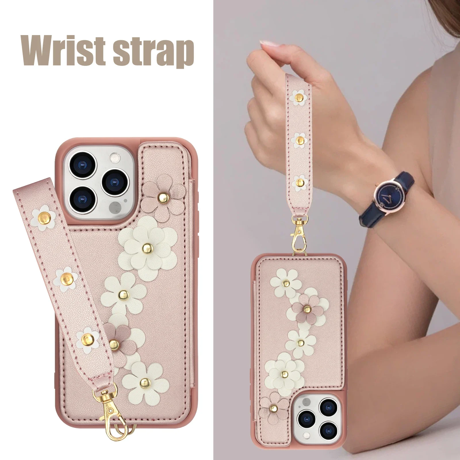 Skulderveske med håndleddsstropp og blomstermotiv til iPhone 16 15 14 13 12 11 Plus Pro Max XS XR X 7 8 Lommebok med kortholderdeksel_voghion.com