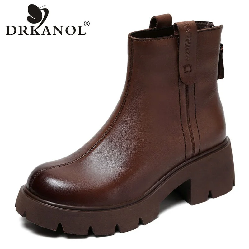 

DRKANOL Autumn Winter Women Platform Ankle Boots Handmade Genuine Leather Thick High Heel British Style Non-Slip Short Boots