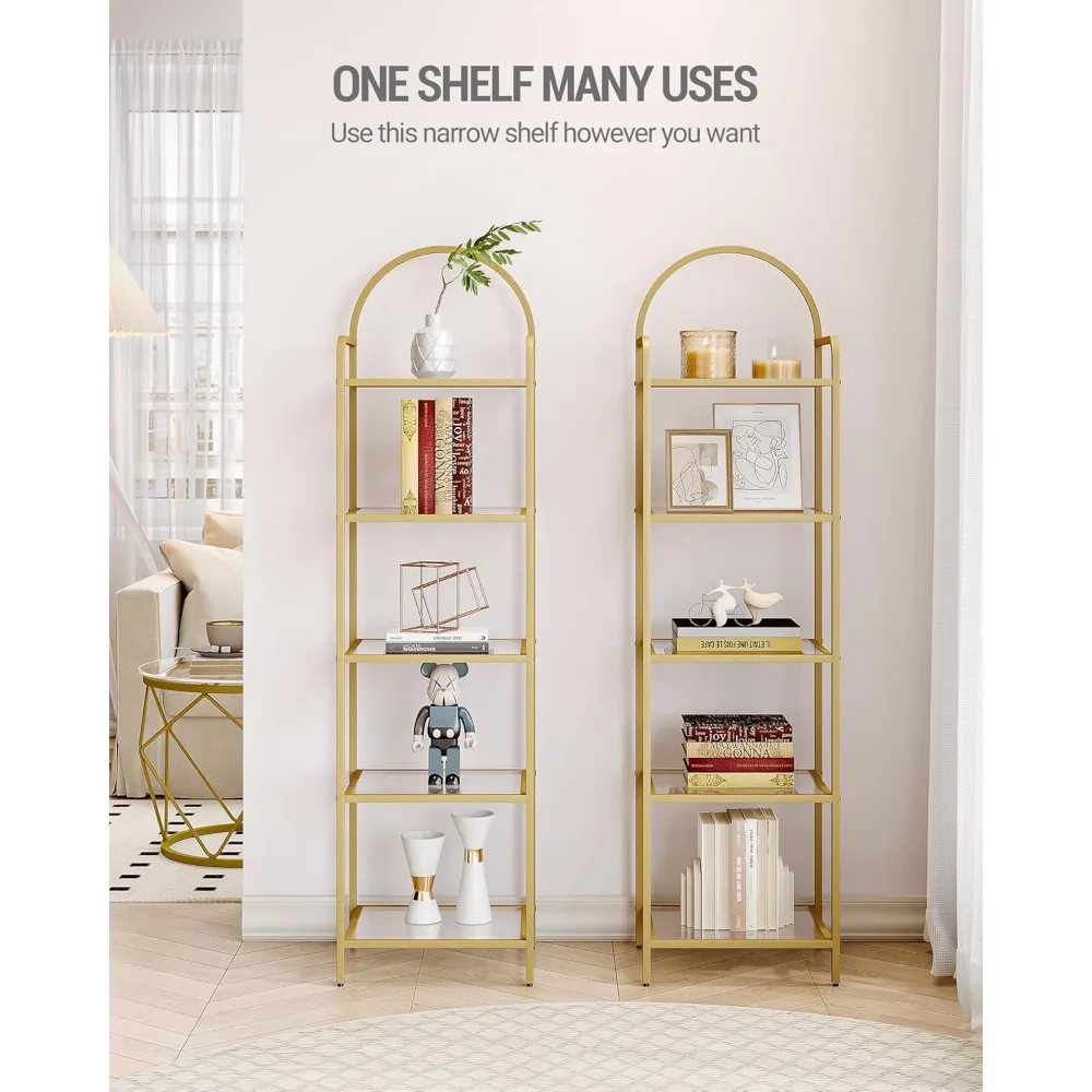 5 Tier Gold Bookcase Bookshelf, Tempered Glass Bookshelves, Slim Shelving Unit for Bedroom, Bathroom, Home Office, Steel Frame 3