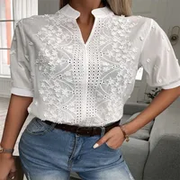 2026 Summer Women's Elegant Short Sleeve White Blouse - Vintage Cotton Crochet Hollow Out Embroidery Tops Fashion - Image 2