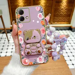 Gradient Rose Leaf Phone Case Set with Lanyard & Rabbit Stand - Motorola Moto G82 (PURPLE)