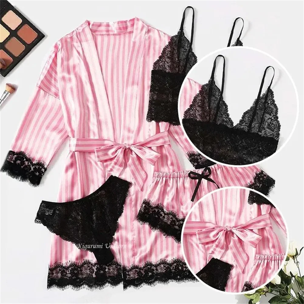 Women Pajamas Set Summer Fashion Comfortable Nightwear Lace Satin Silk Sleepwear Robe Sexy Pajama Pants Home Clothes