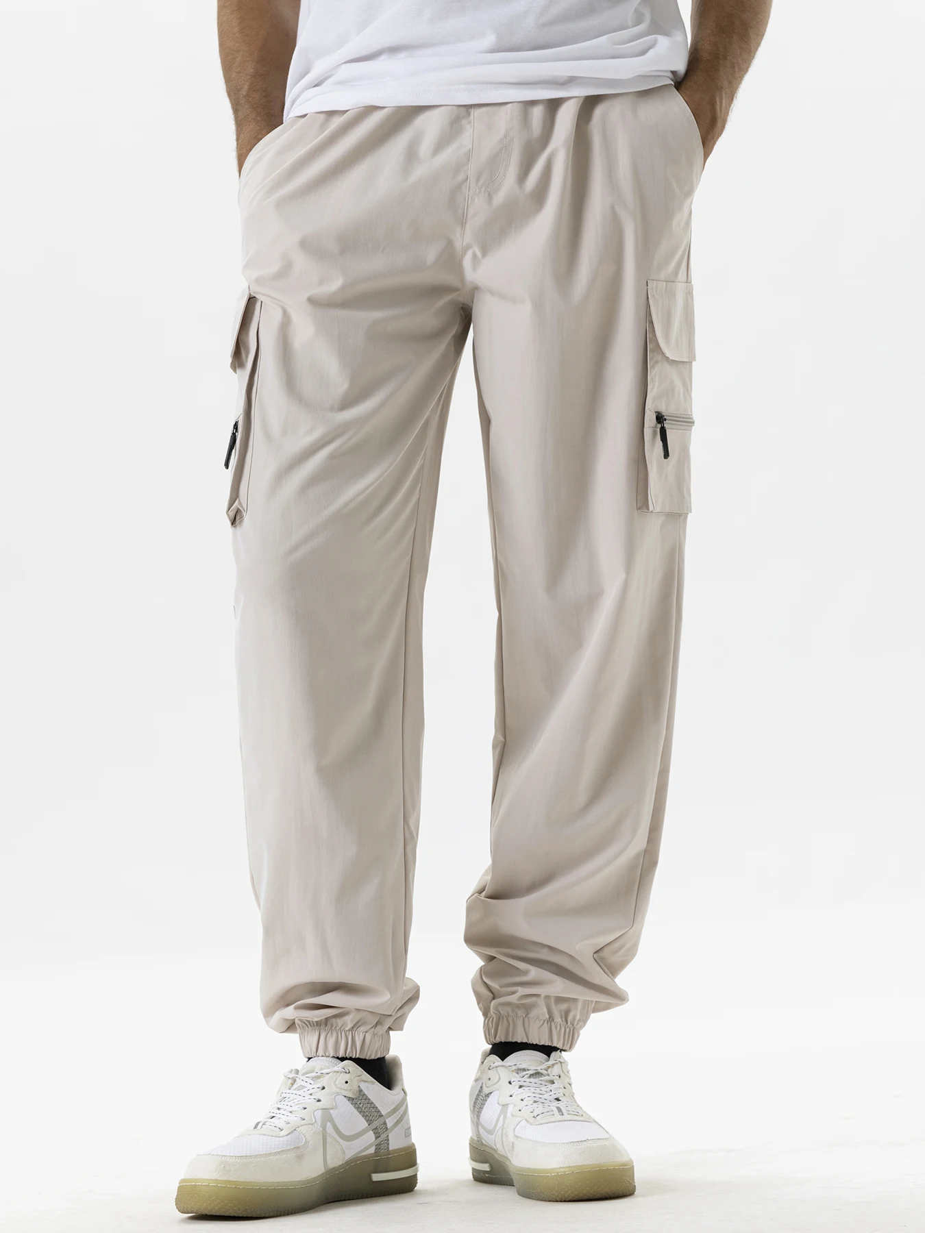 Multi Pockets Solid Color Casual Cargo Pants Mid-Rise Elastic Waistband Drawstring Shrinkable Cuffs Men Sweatpants 5