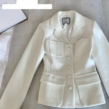 흰색 우아한 블레이저 여성 봄과 가을 캐주얼 하이 센스 레트로 허리 포옹 정장 탑