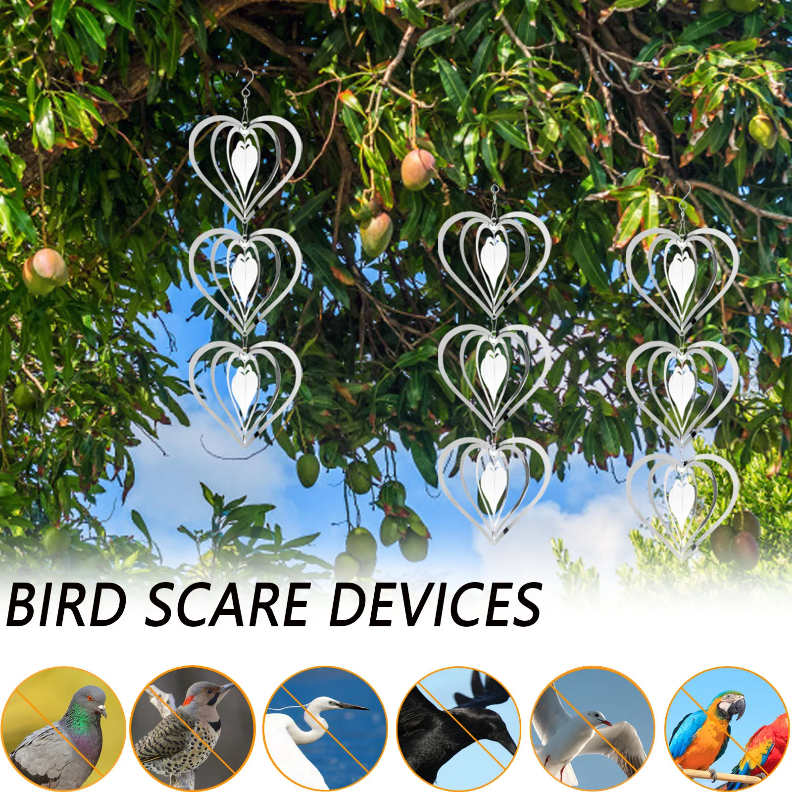 3Pcs Heart Bird Scare Discs Set Stainless Steel Bird Reflectors Spinners Hangable Scare Devices Reflective Devices