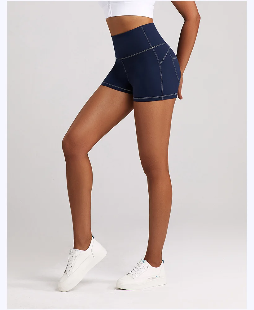 Hot Denim Fitness Women's High Waisted Sport Short Yoga Tennis Running Pilate Bottom with Pocket Tight Biker Shorts Workout Pant