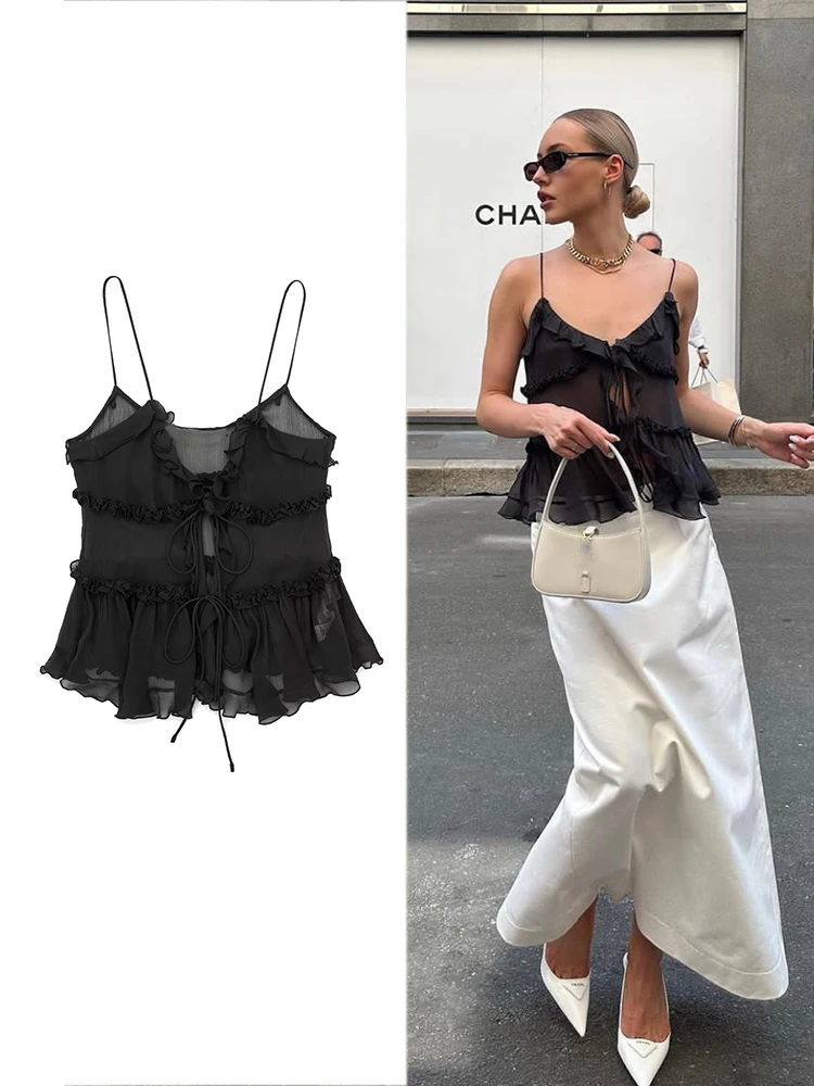 TRAFZA Women's Fashion Ruffle Front Tie Semi Sheer Camisole