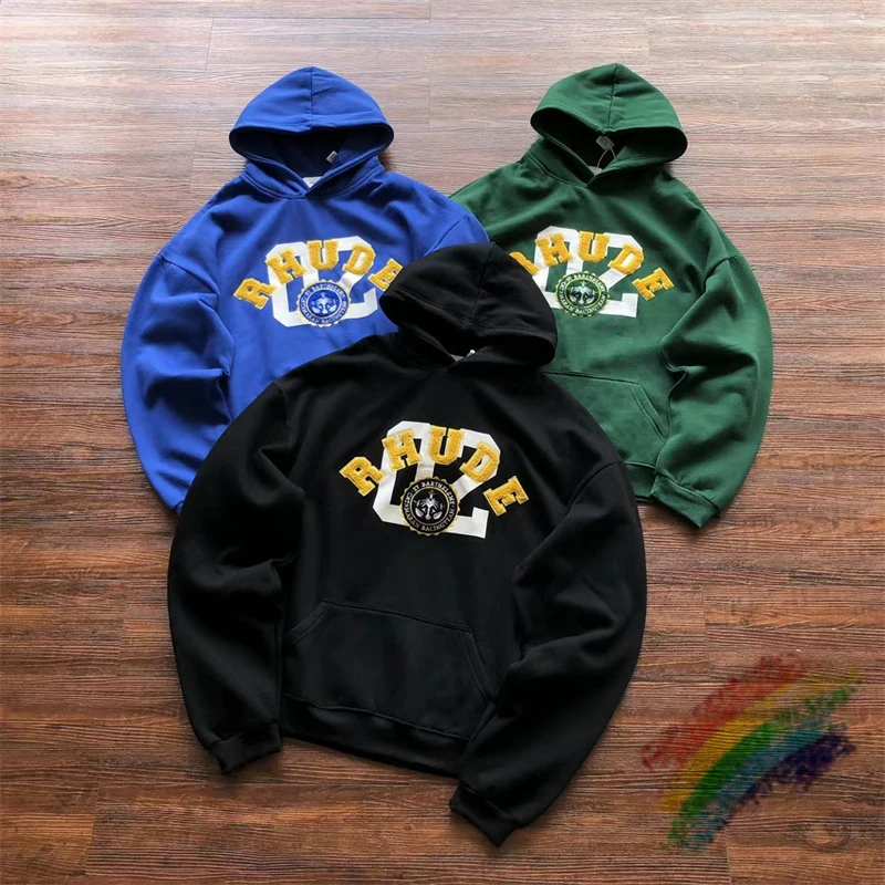 

Towel Embroidery Rhude Fleece Hoodie Men Women 1:1 Best Quality Patchwork Badge Pullovers