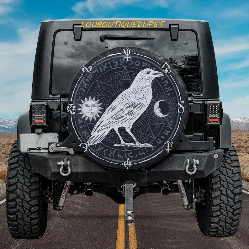 

Premium Black Raven Car Tire Cover For All Car Protector Accessories + Backup Camera Hole