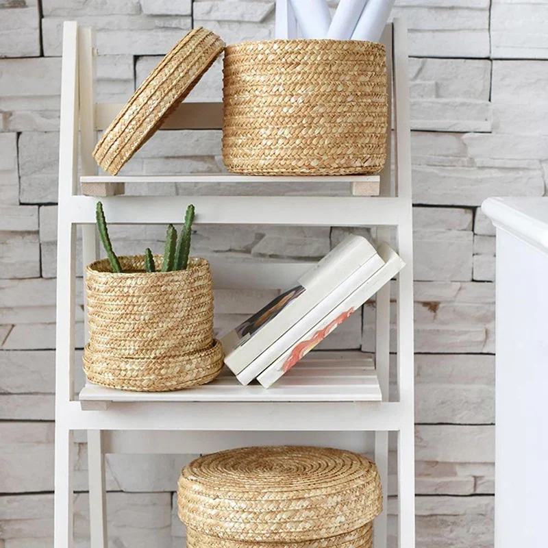 

Storage Baske 3 Rattan Lid Flower Woven Laundry Handmade With Snack Straw Organizer Pcs/set Box Baskets Basket