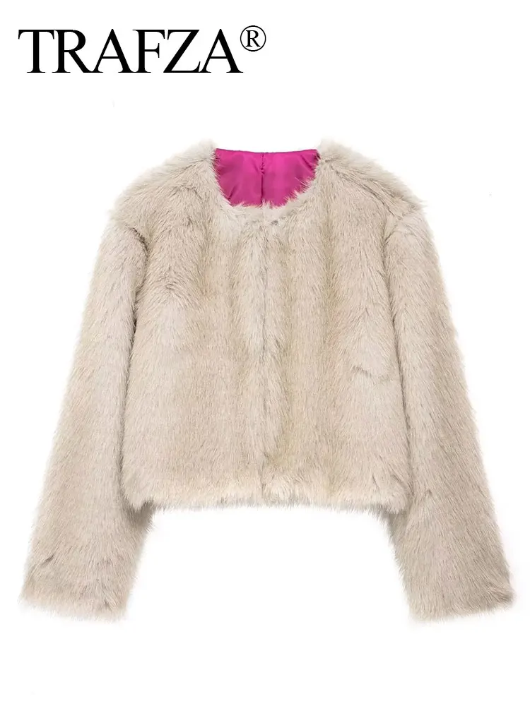 HH Women Fashion Solid Faux Fur Coat O Neck Long Sleeve Cropped Jacket Autumn Winter Female Fashion High Street Outerwear