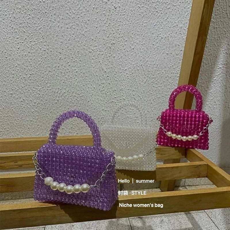 

New Fashion Texture Beaded Weaving Flap Dinner Celebrity Handbag Customized Crystal Bags Handmade Pearl Chain Design Women's Bag