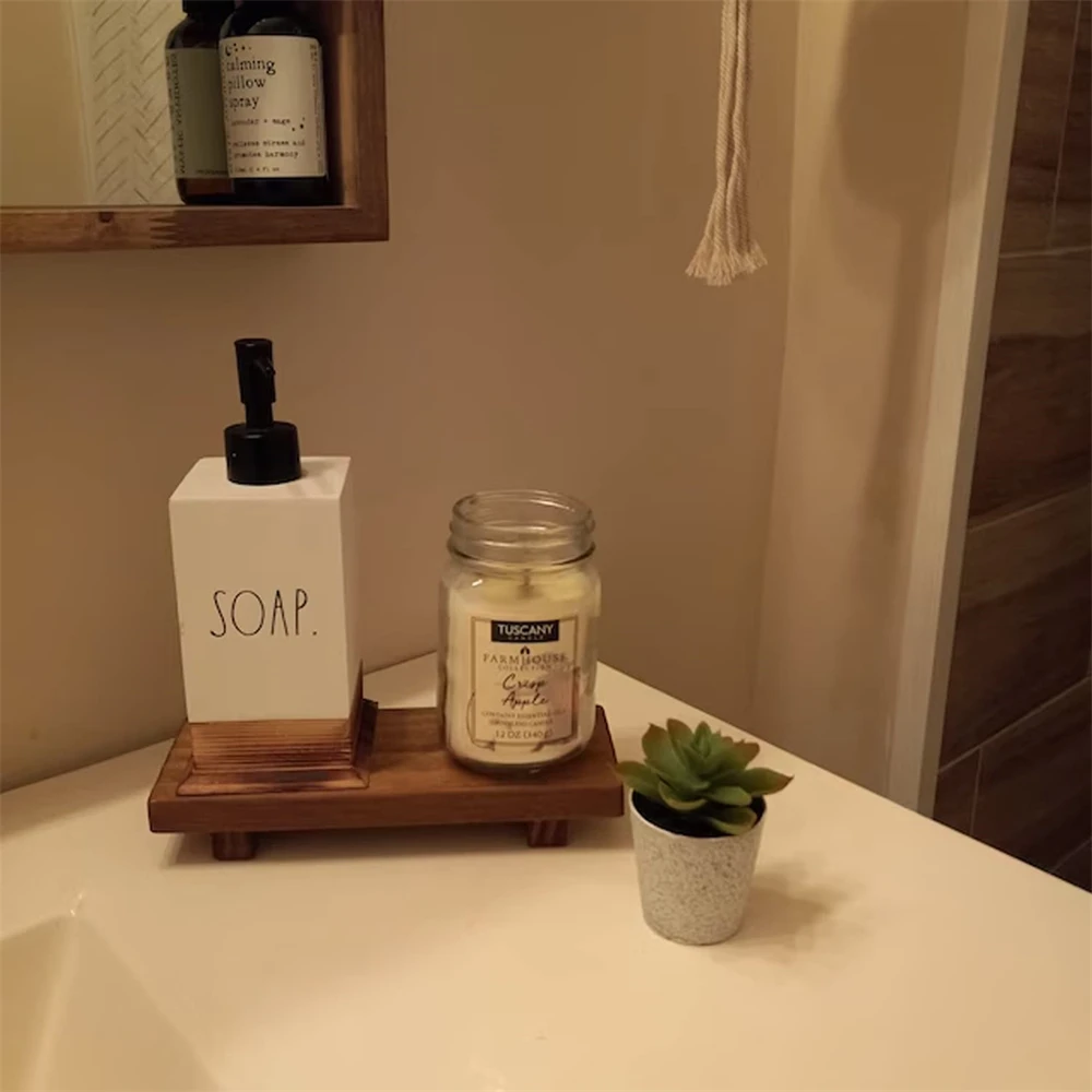Wood Pedestal Soap Stand, Farmhouse Wood Riser, Soap Dish Holder/Tray Counter Decor for Bathroom Kitchen, Rustic Candle Plant 4