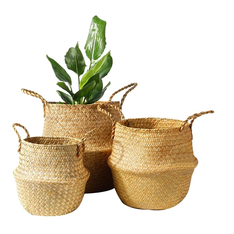 

HOT SALE Seagrass Plant Basket Set Of 3,Woven Belly Basket With Handles, Large Storage Laundry Picnic Plant Pot Cover Home Decor