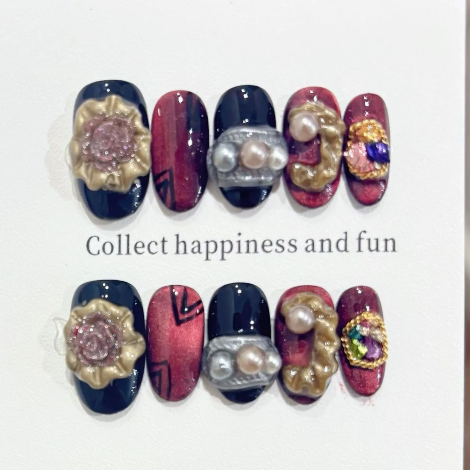 10개입 심플 핸드메이드 네일팁 3D 플라워 펄 스티커형 가짜 네일팁 블랙 레드..