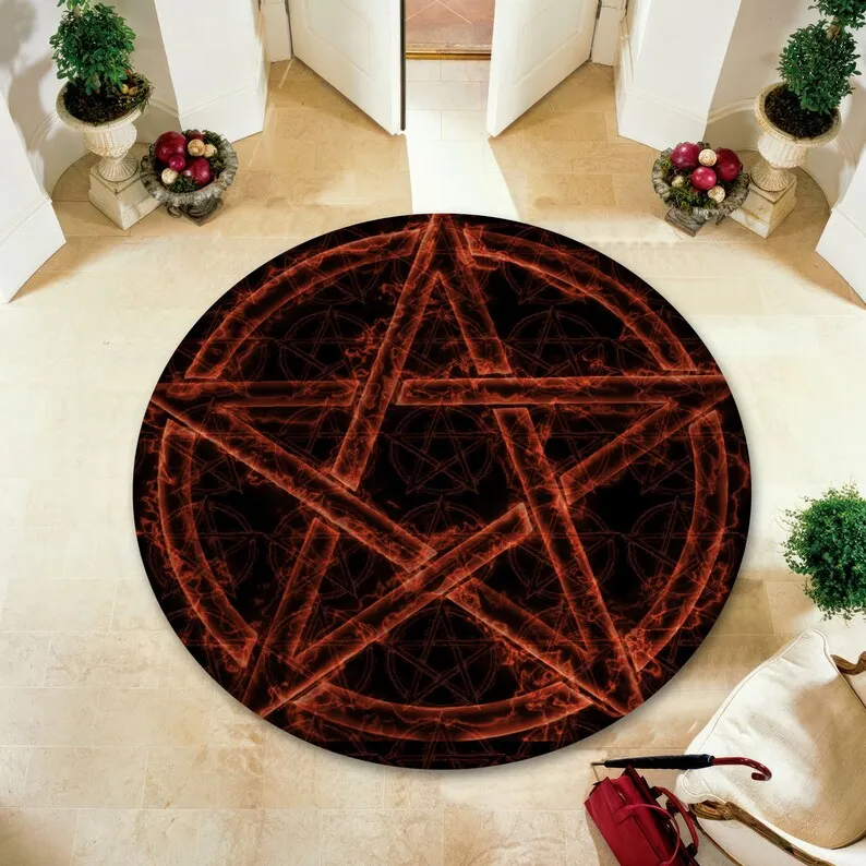 신비한 상징 악마와 Vegvisir 러그 고딕 펜타그램과 바이킹 나침반 카펫 거실 장식을위한 독특한 바닥 매트
