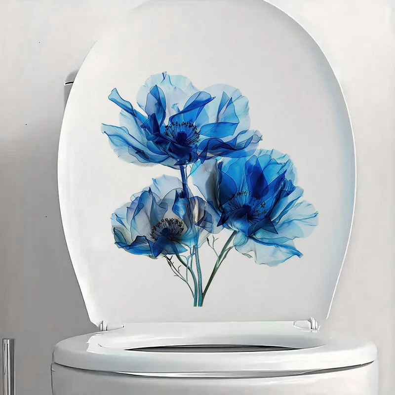 Blue Flowers Self-Adhesive Toilet Stickers Wall Decal Removable Reusable Vinyl Car Sticker For Bathroom Decor C1272#