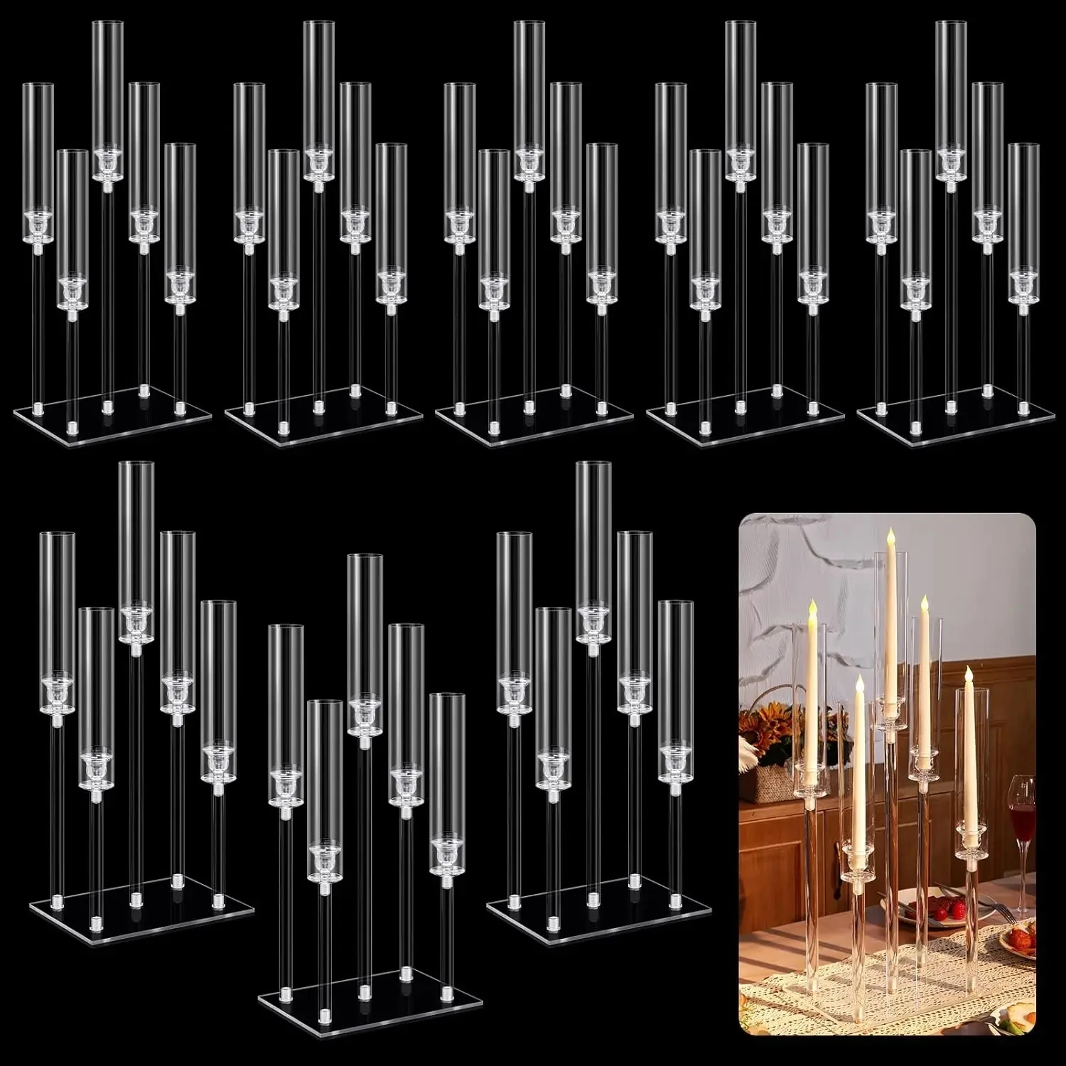 Clear Acrylic Candle Holder with Rectangular Base, Candelabra Centerpieces, Taper Candlestick, 2-10Pcs