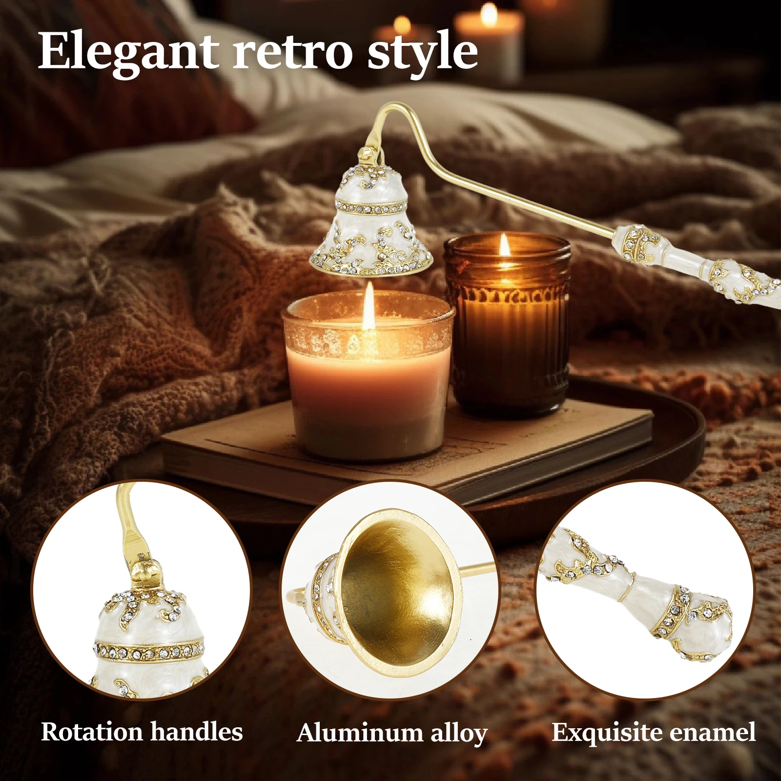 Metal Candle Snuffer Rotatable Handle Vintage Flower Shape Candle Extinguisher Easy to Use Faux Crystal Decorative Wick