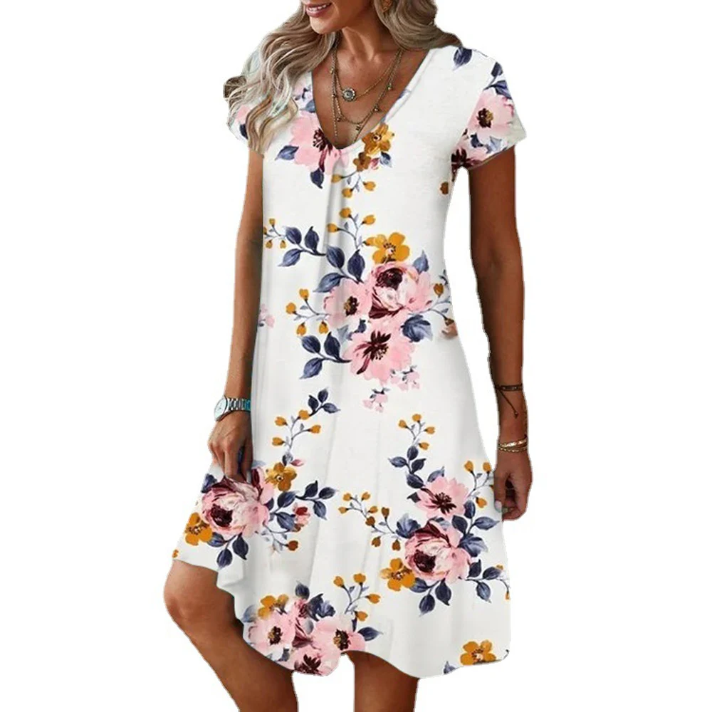Floral Short Sleeve V Neck Summer Dress