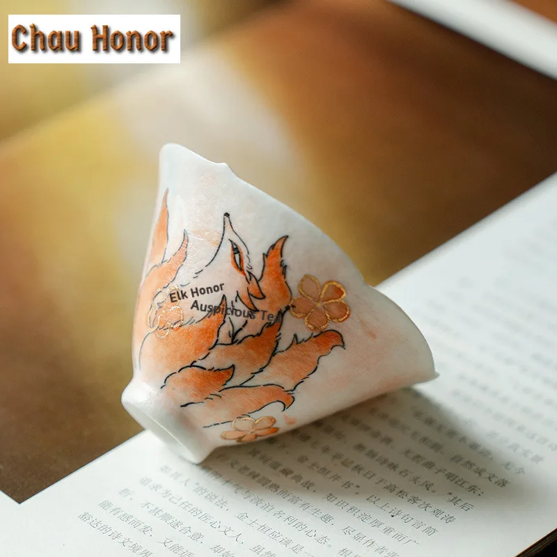 75ml Pure Hand-drawn Nine-tailed Fox Teacup Aesthetic Tea Bowl Set of Cups Tea-tasting Meditation Cup Chazhan Master Cups Gift