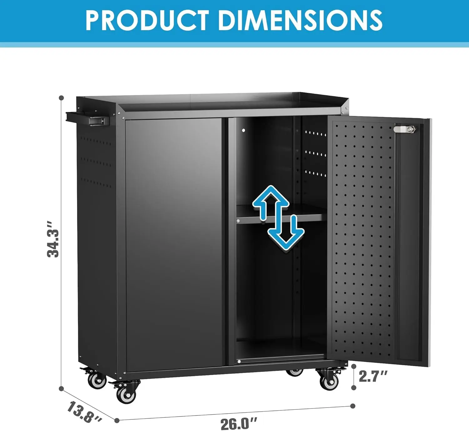 34.3 inch Lockable Metal Garage Storage Cabinet on Wheels — Black, 2‑Door Mobile Organizer 2