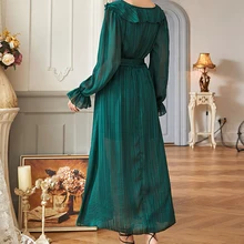 

Solid Green Summer Woman Dress Pleated V Neck Waist Tie High Waist Dresses for Women Full Sleeves Vestidos Robe 2022