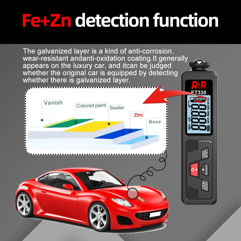 Paint Thickness Gauge Thickness Gauge R&D ET330+Zn Car Paint Coating Thickness Gauge Car Paint Electroplate Metal Zinc Coating Thickness Tester Meter Fe & NFe & Zinc