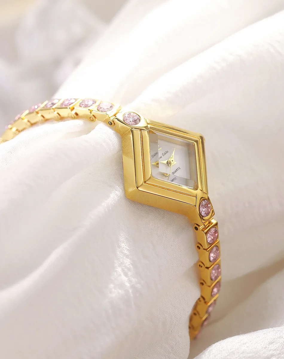 Luxus Mode Quarz Damenuhr Elegante Exquisite Rosa Strass Armband Täglich Tragen Kleid Frauen Quadratische Uhren Golden – Detail 2